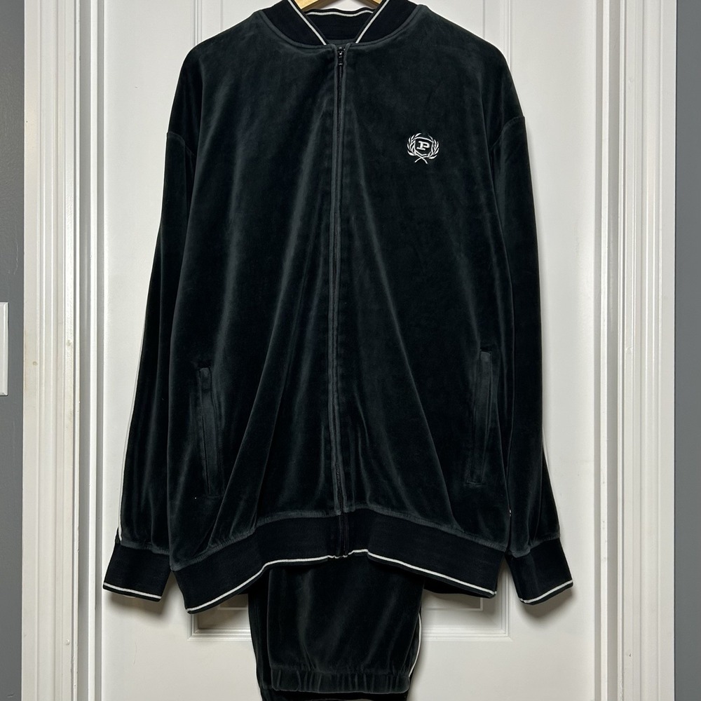 Phat Farm Vintage Y2K 2000s Black Velour Full Zip Track Jacket & Sweatpants